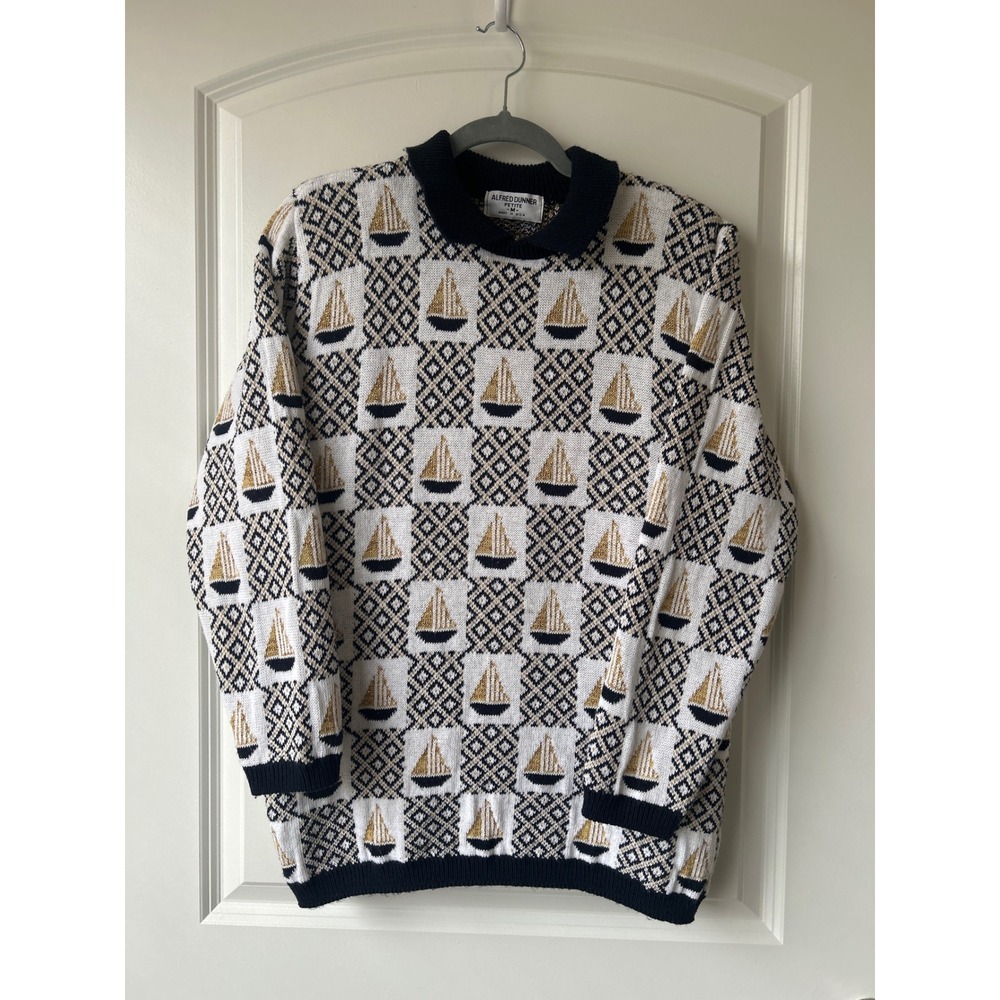 Alfred Dunner Vintage Sailboat Sweater Navy White Gold Lurex Petite Medium USA